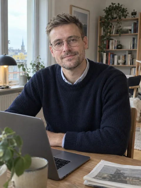 Henrik Ole Solberg Kristoffersen ved skrivebordet i hjemmekontoret på Torshov i Oslo